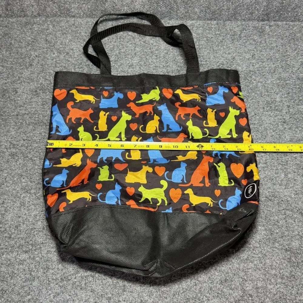 Nylon Fabric Tote Bag Animals Dogs Cats Handbag Black Multicolor (AOP) 15”x 13”
